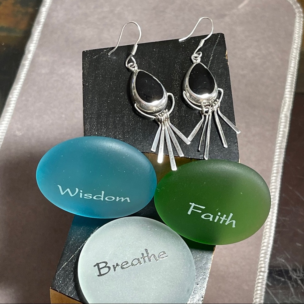 Sterling Silver/Black Inlay Dangle Wired Earrings
